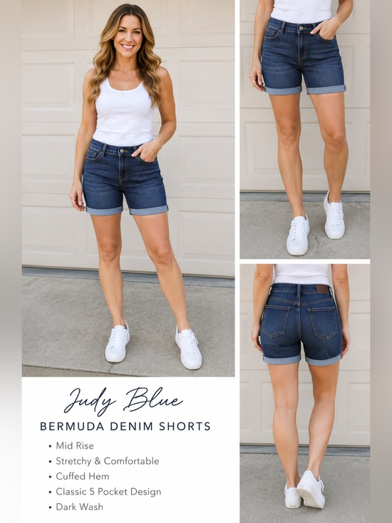 Judy Blue Pants - Judy Blue Bermuda Jean Shorts Womens Small Dark Wash Mid Rise Stretch Cuffed